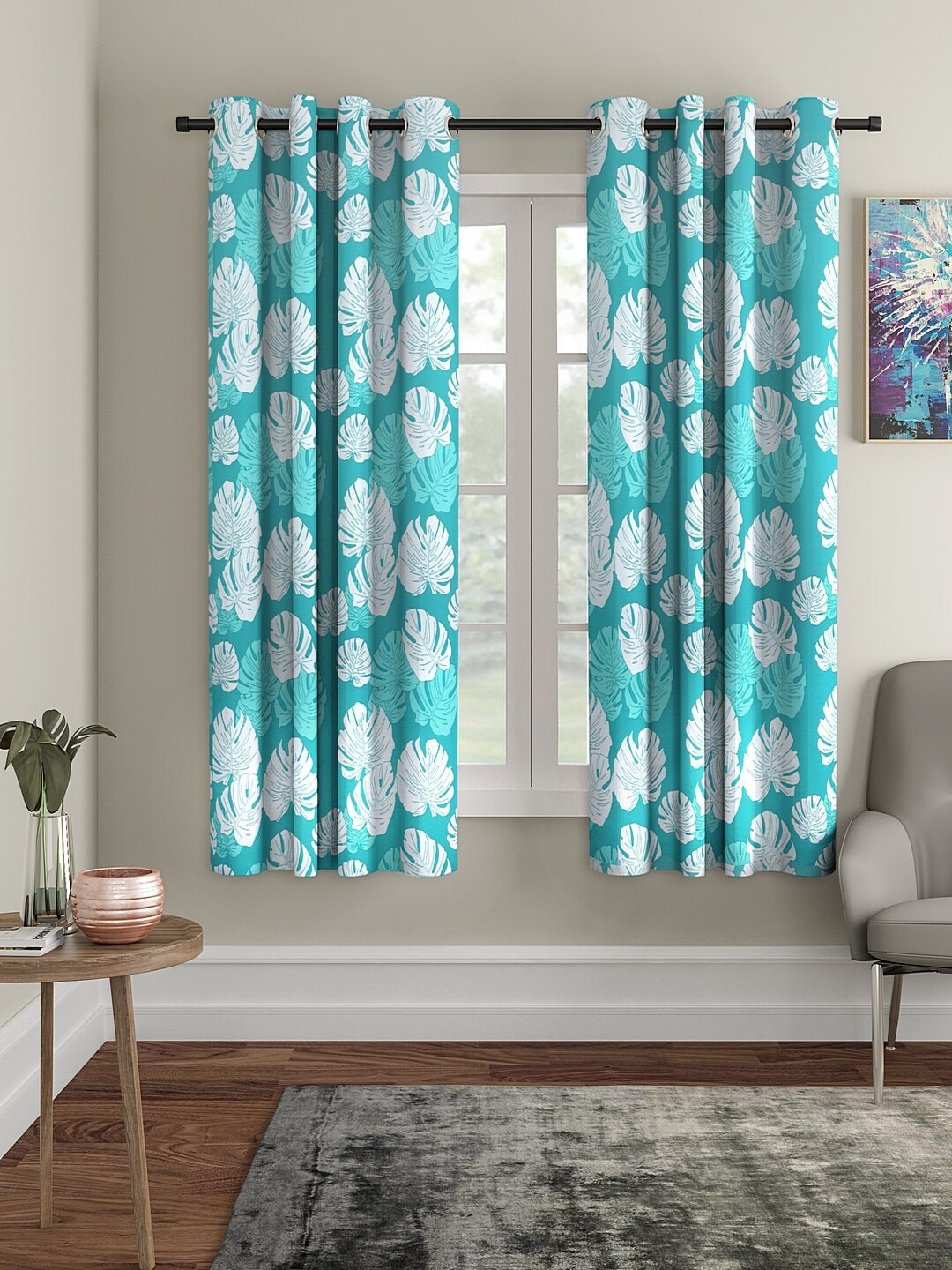 Cortina White & Blue Set of 2 Digital Printed Window Curtains