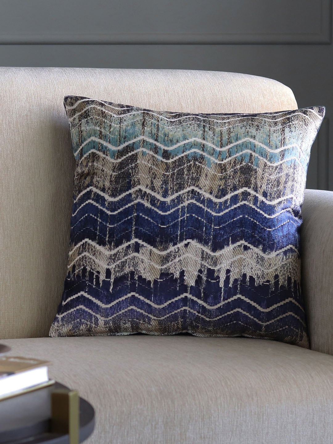 GM Blue Self Design Velvet Washable Square Cushion Cover -18x18In