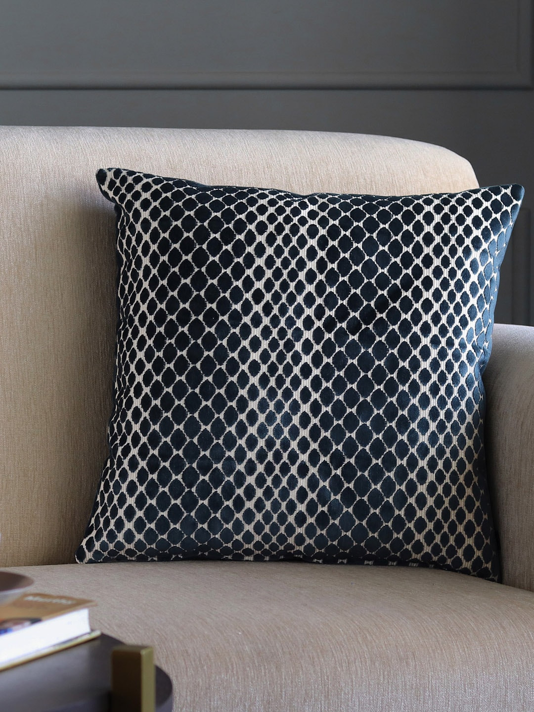 GM Navy Blue & White Abstract Square Cushion Cover