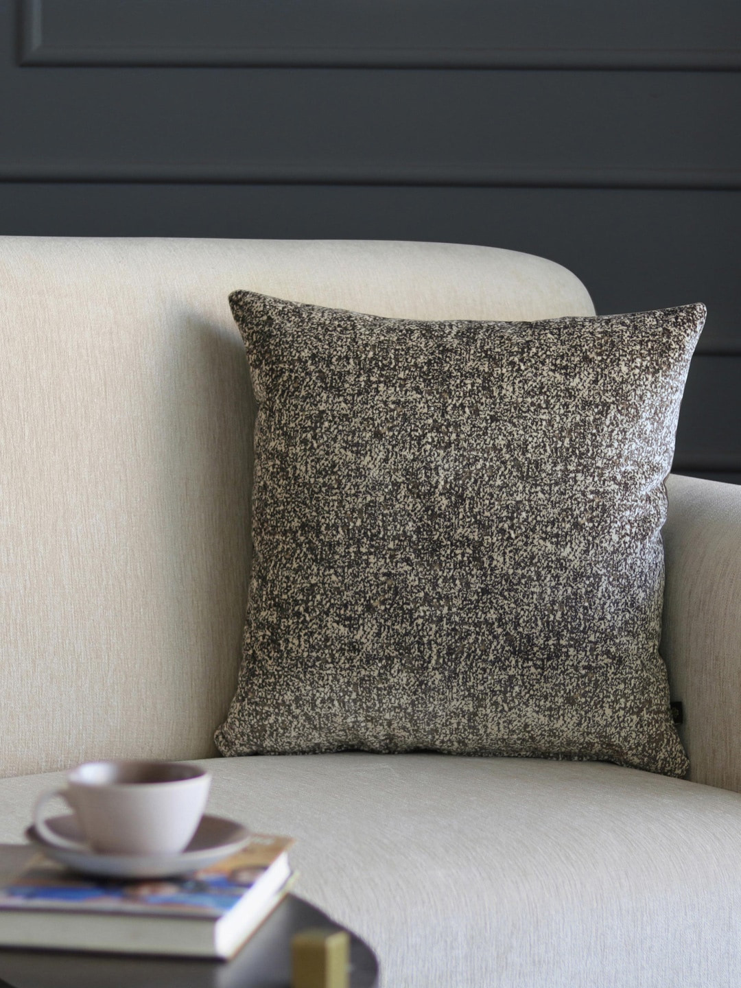 GM Charcoal Grey & Off-White Self Design Square Cushion Cover
