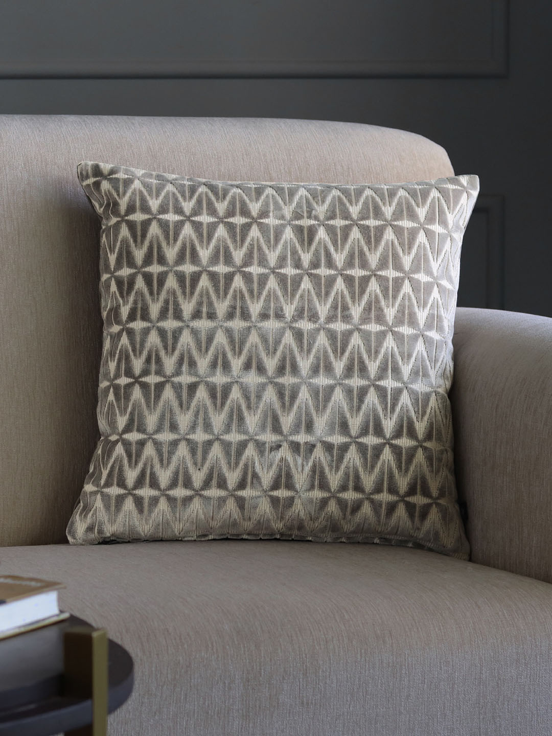 GM Grey & Beige Geometric Velvet Square Cushion Cover