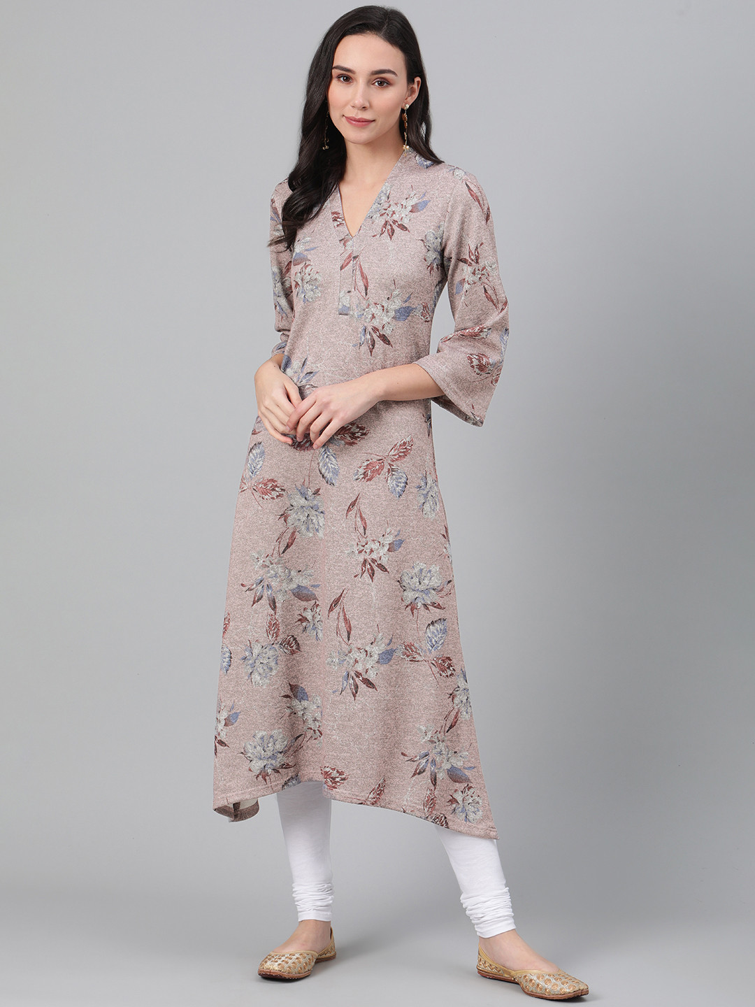 Biba Women Pink & Grey Floral Print Straight Winter Kurta