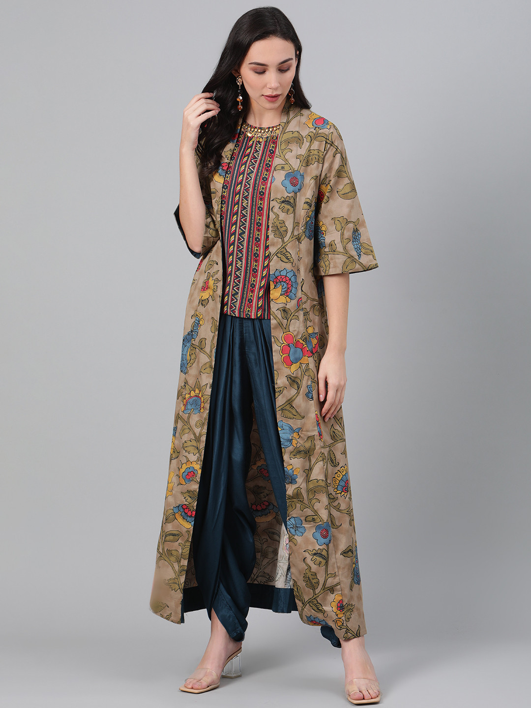 Biba Women Beige & Teal Blue Printed Top with Dhoti Pants & Ethnic Jacket