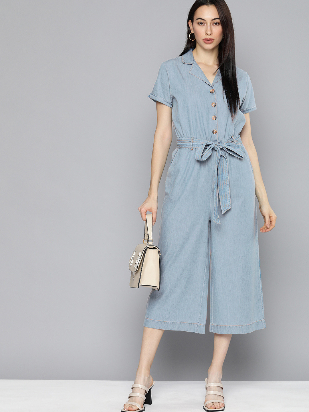 Chemistry Women Blue Solid Culotte Chambray Denim Jumpsuit