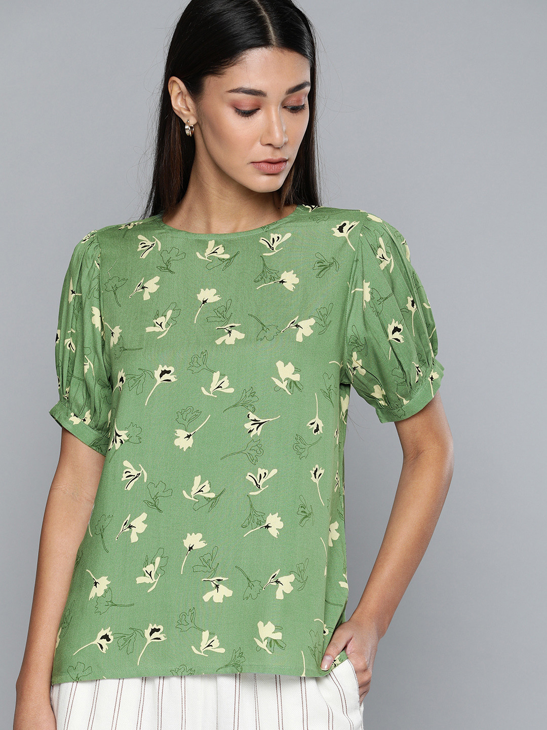 Chemistry Green & Cream-Coloured Floral Printed Top With Puff Sleeves