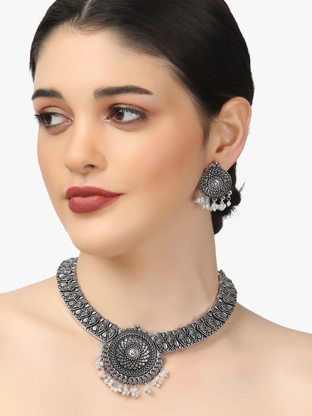 Adwitiya Collection Silver-Plated Oxidised With White Pearls Jewellery Set