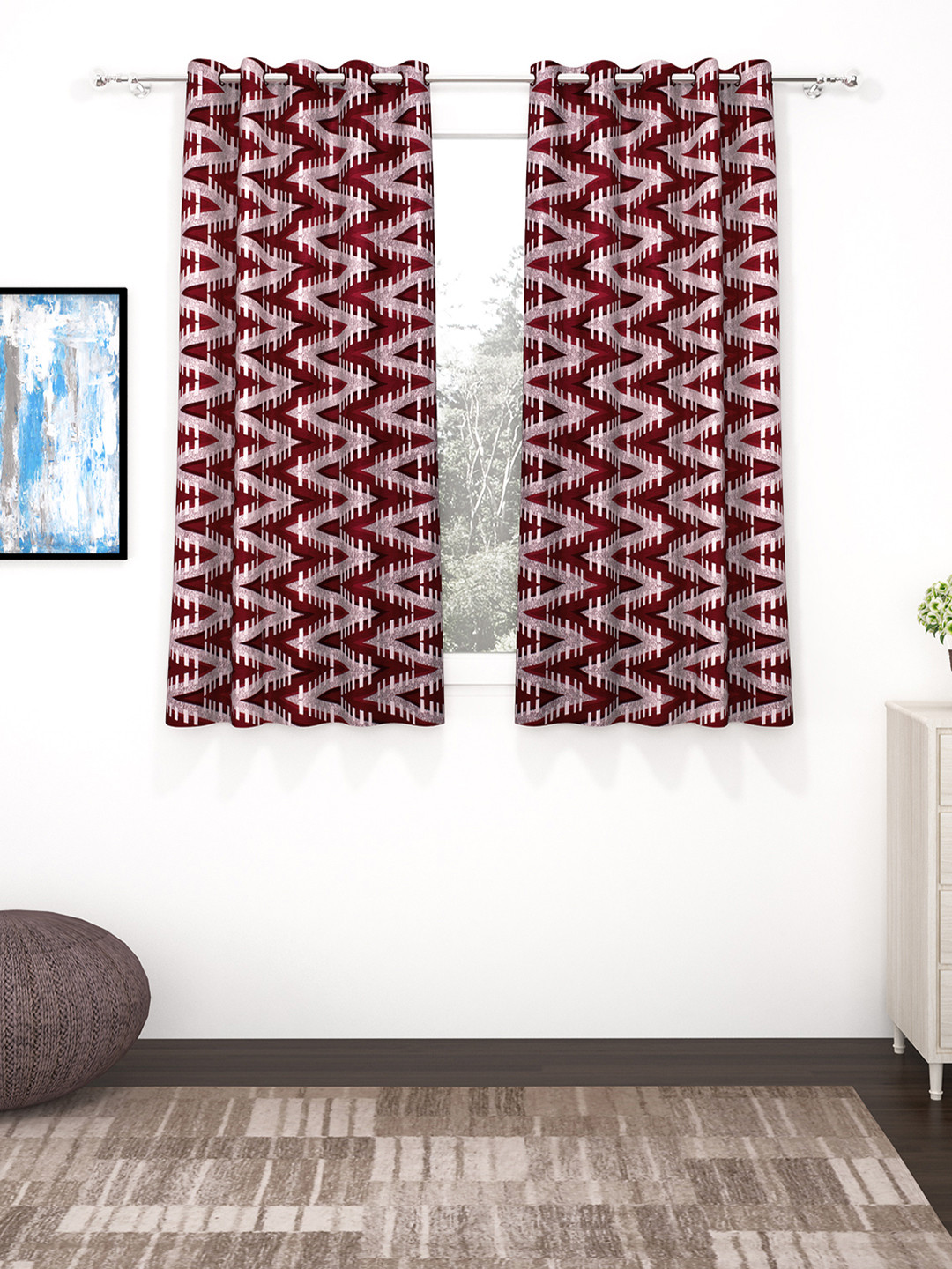 Bedspun Set of 2 Maroon Printed Polyester Eyelet Ringtop Window Curtain