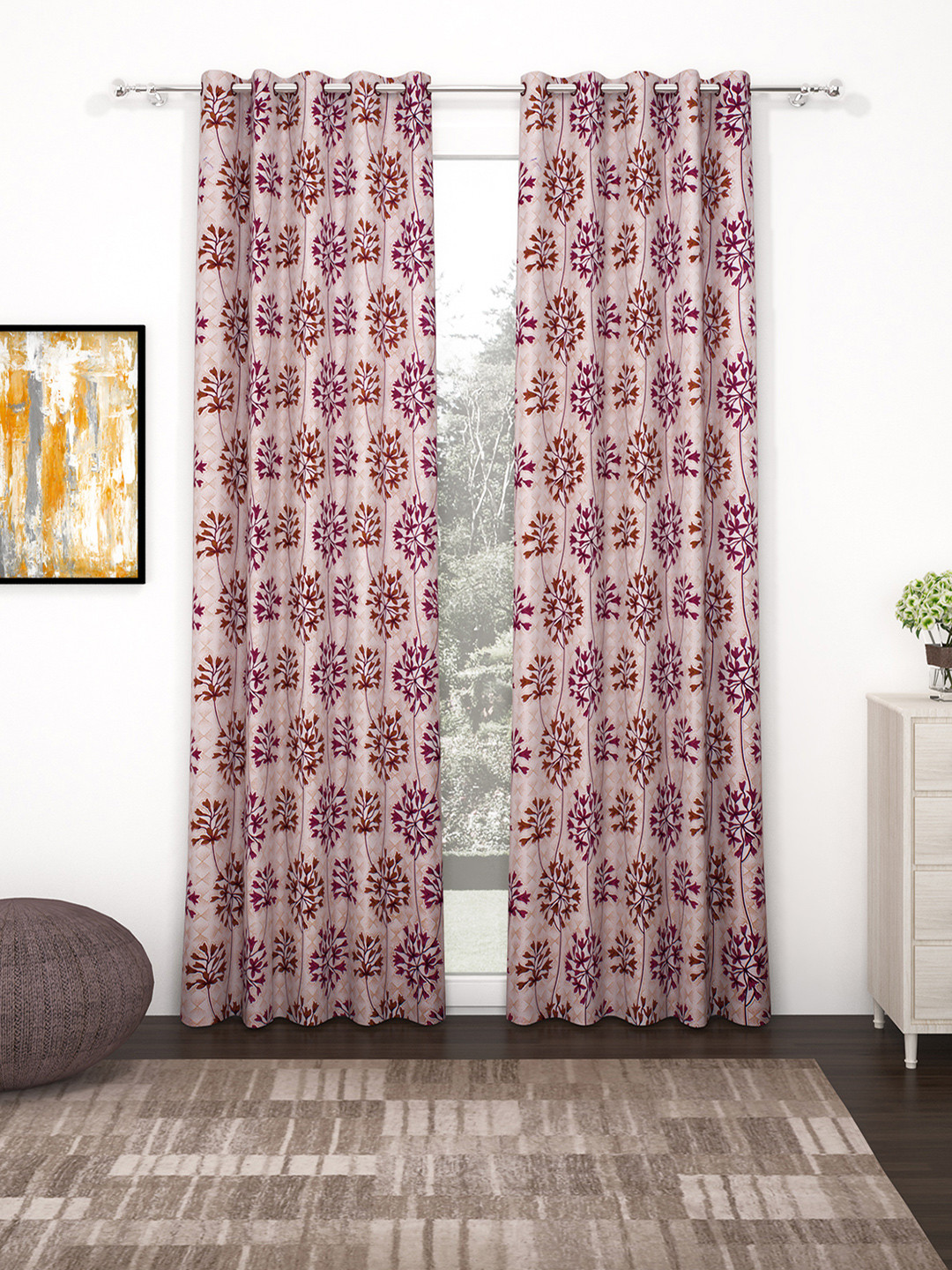 Bedspun Set Of 2 Beige & Pink Printed Polyester Eyelet Ringtop Door Curtains