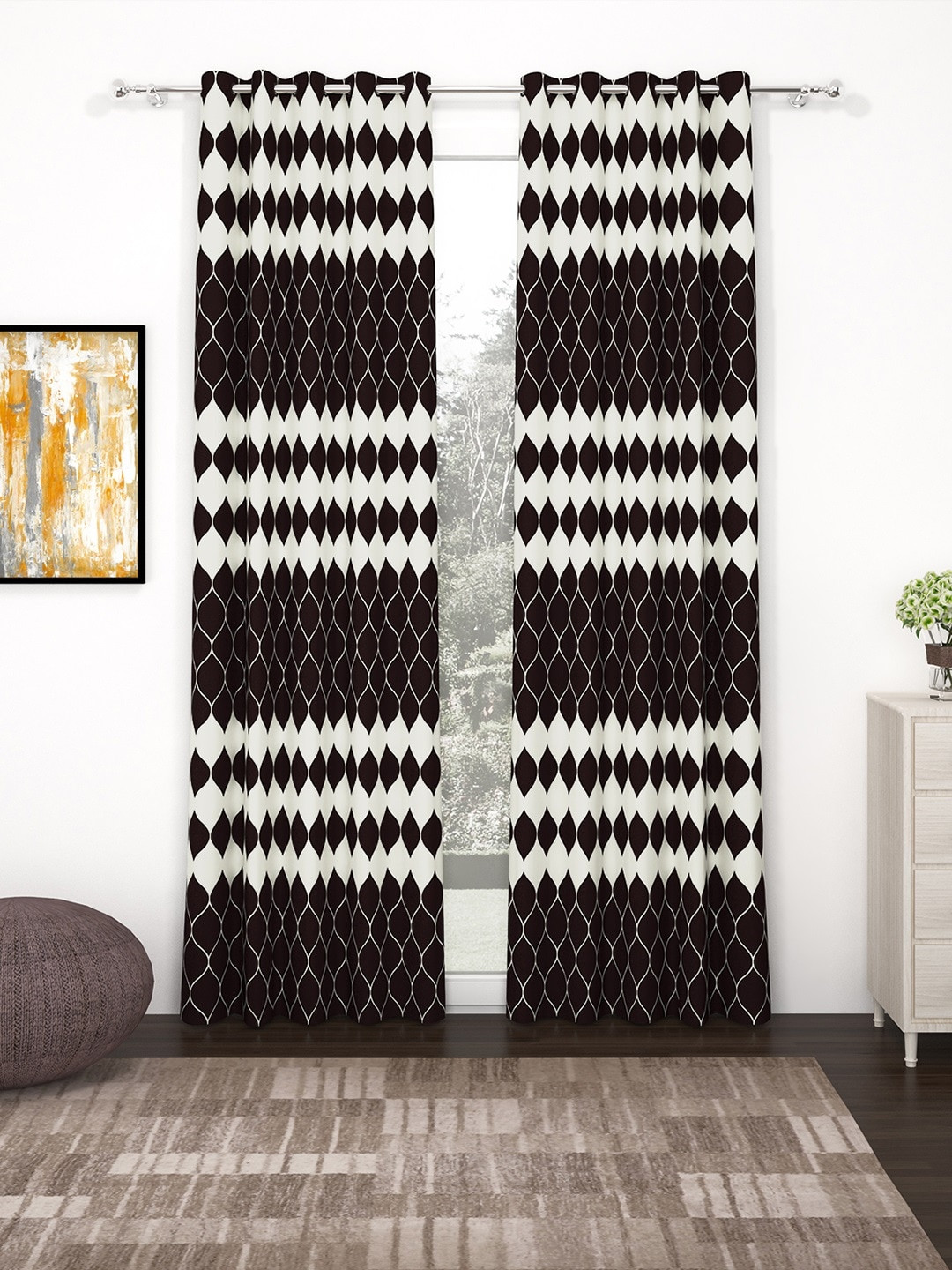 Bedspun Set Of 2 Black & White Printed Polyetser Eyelet Ringtop Door Curtains