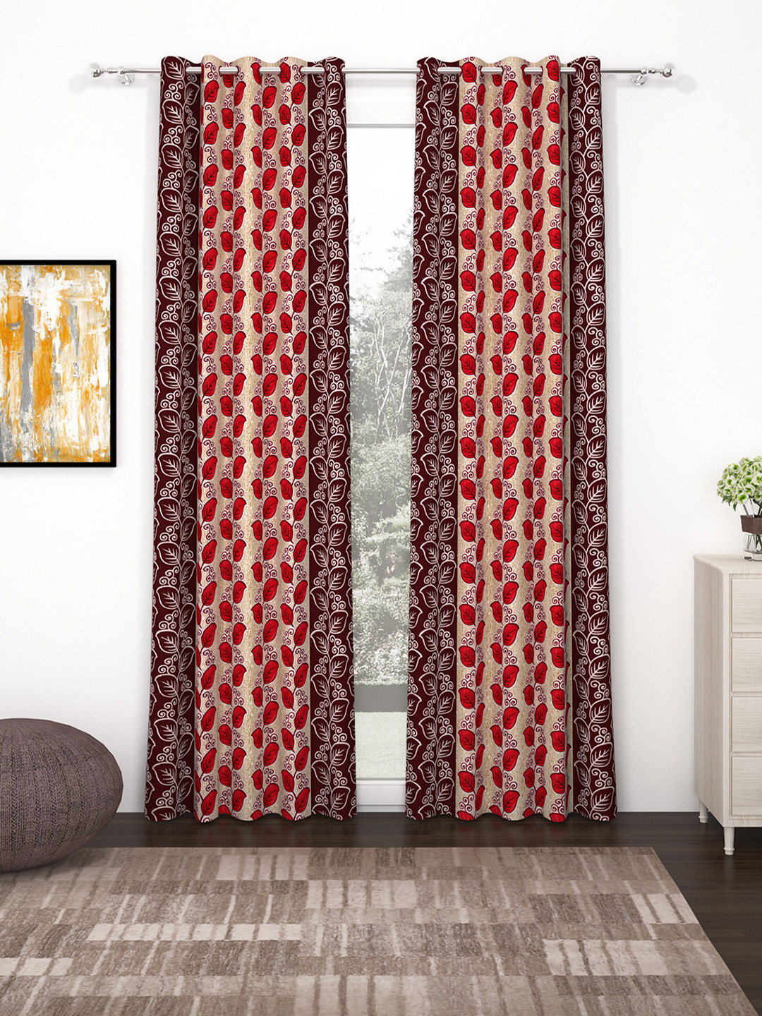 Bedspun Set Of 2 Beige & Red Printed Door Curtains