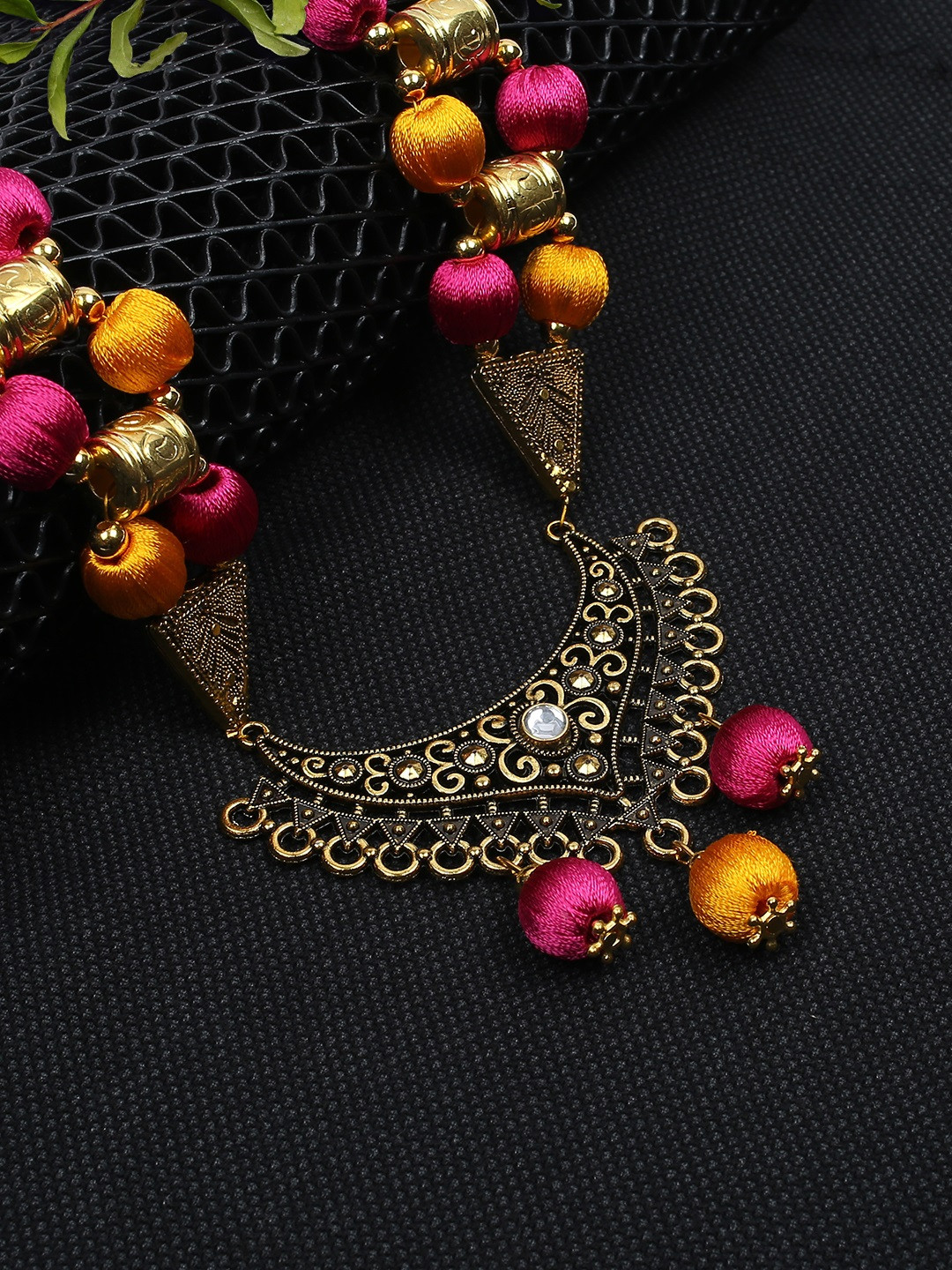 AKSHARA Pink Handcrafted Long Brass Pendent Necklace