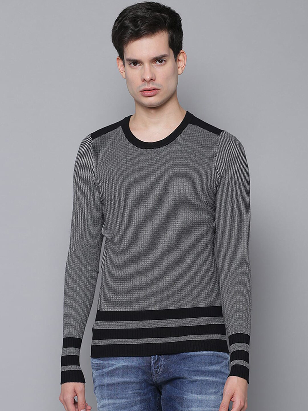 Antony Morato Men Grey & Black Self Design Pullover Sweater