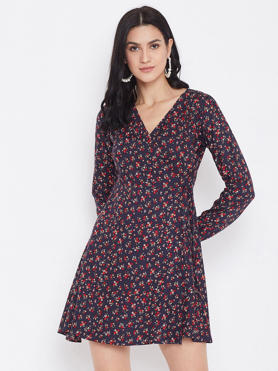 Berrylush Navy Blue Floral Printed Fit and Flare Dress