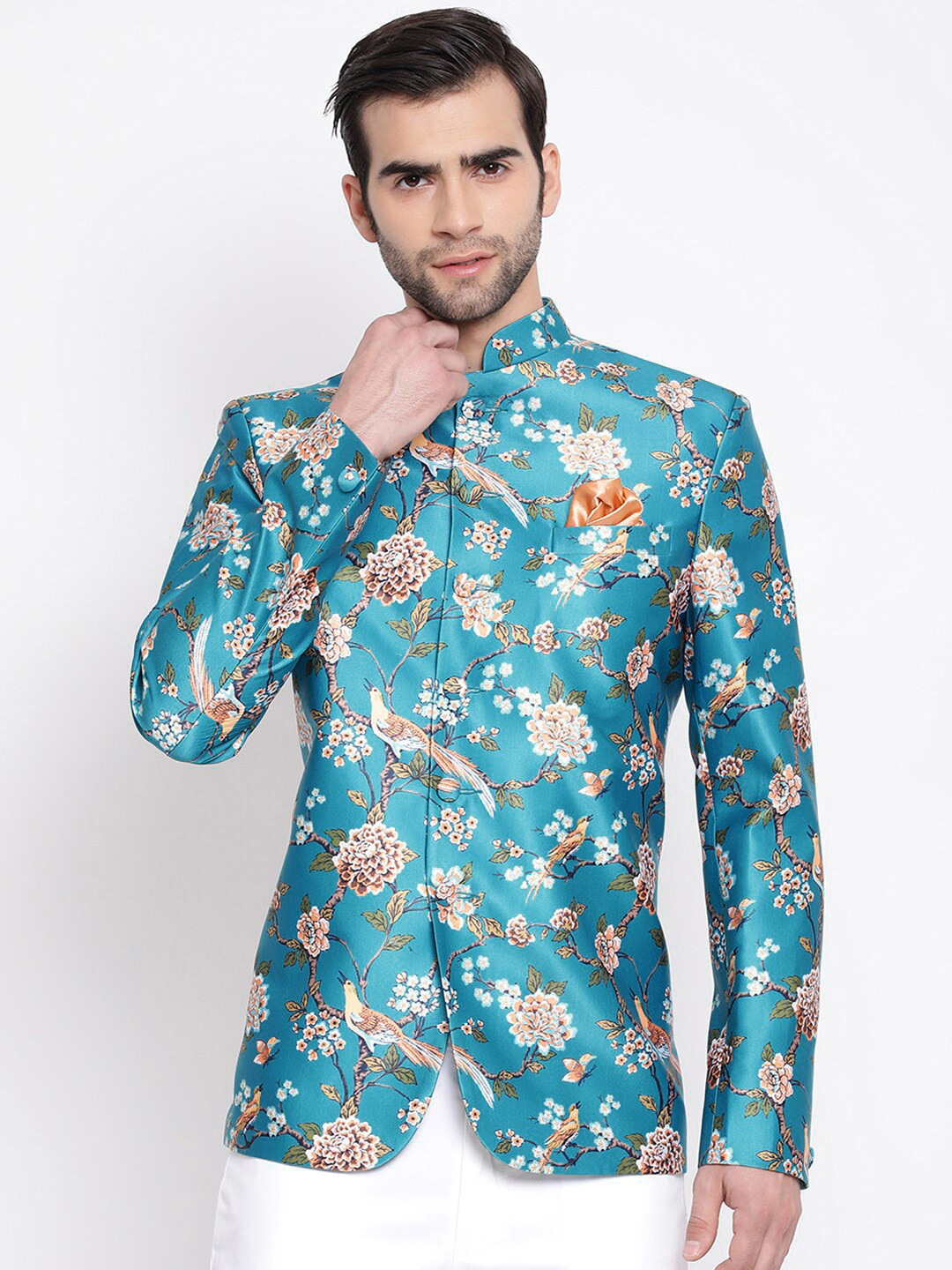 VASTRAMAY Men Turquoise Blue & Beige Printed Bandhgala Blazer