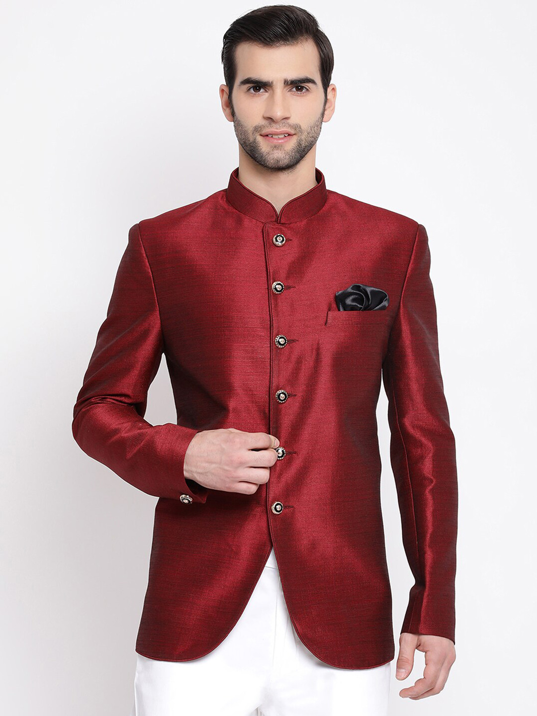 VASTRAMAY Men Maroon Solid Bandhgala Blazer