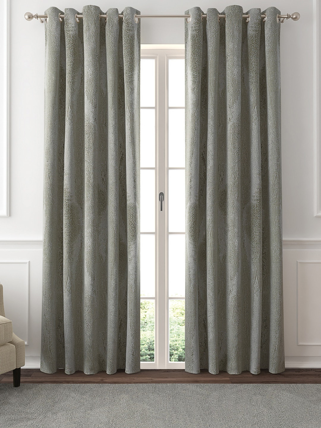 GM Set Of 2 Green Self-Design Black Out Door Curtains
