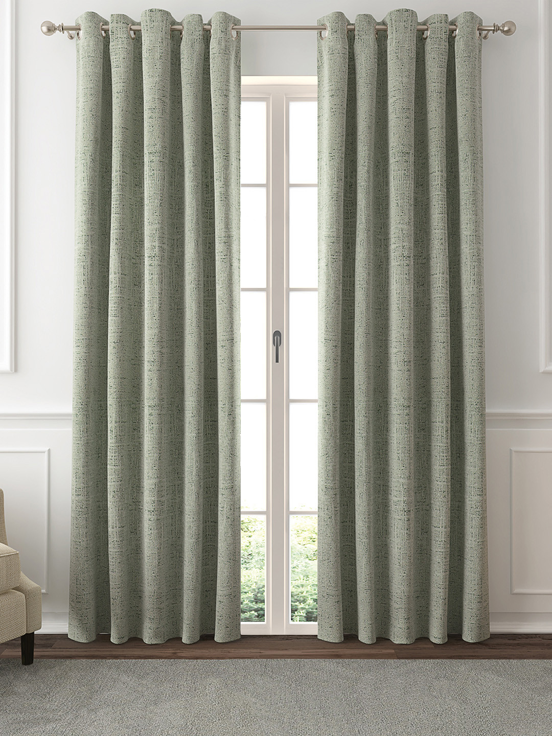GM Set Of 2 Green & Grey Textured Jacquard Woven Door Curtains