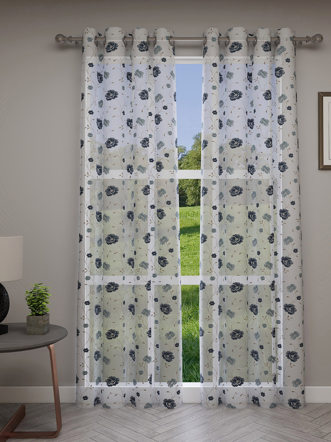 GM Set Of 2 White & Blue Floral Sheer Door Curtains