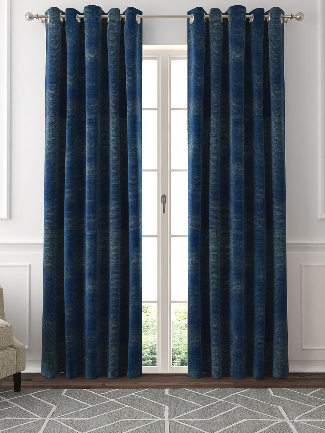 GM Set of 2 Navy Blue Solid Black Out Door Curtains