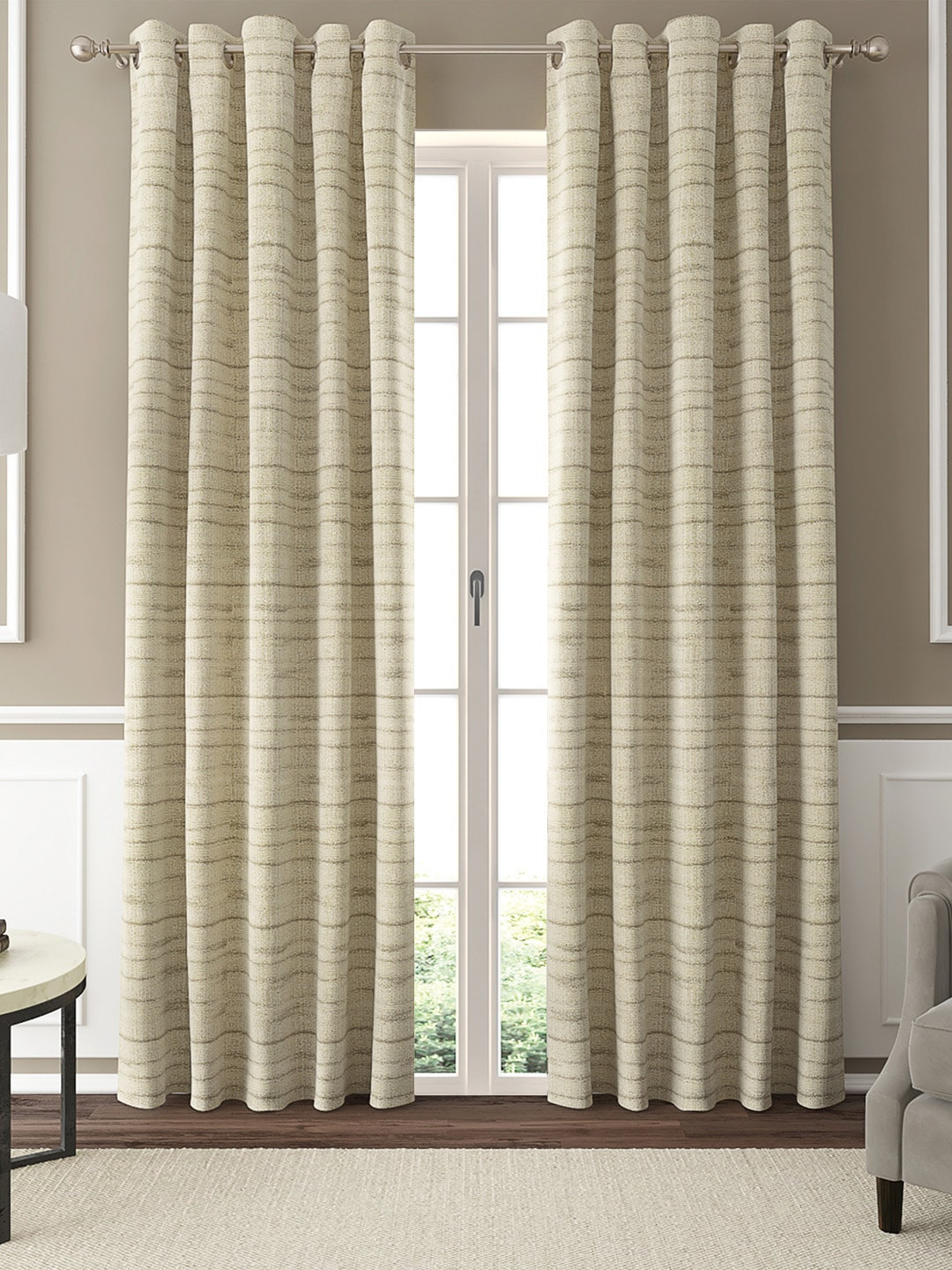 GM Set Of 2 Beige & Brown Striped Jacquard Door Curtains
