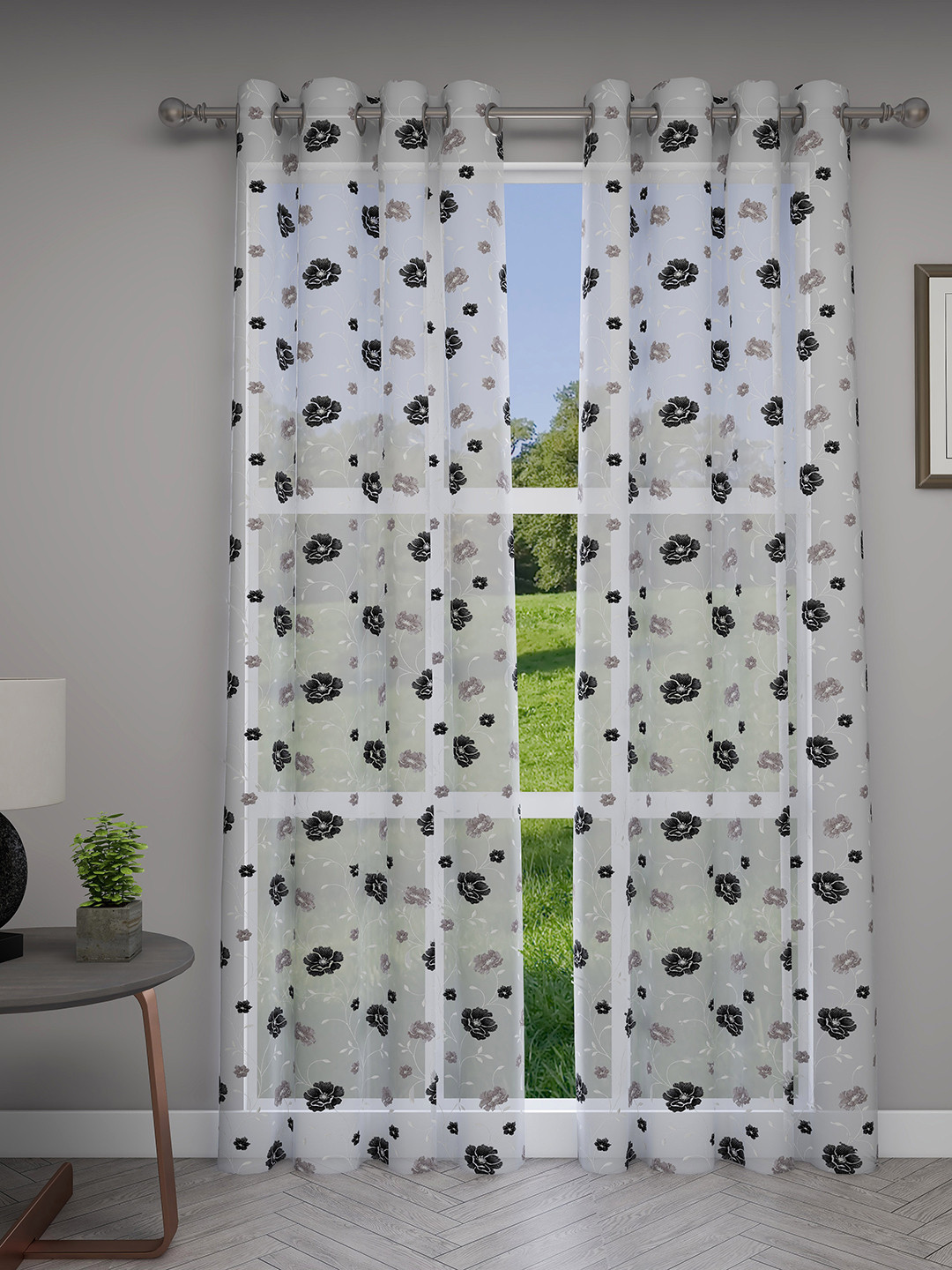 GM Set of 2 Off-White & Black Floral Sheer Door Curtains