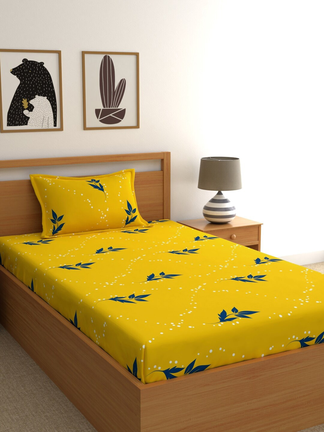 Home Ecstasy Yellow Floral Cotton 140 TC Single Fine Bedsheet with a Pillow Cover-86 x 59 inches