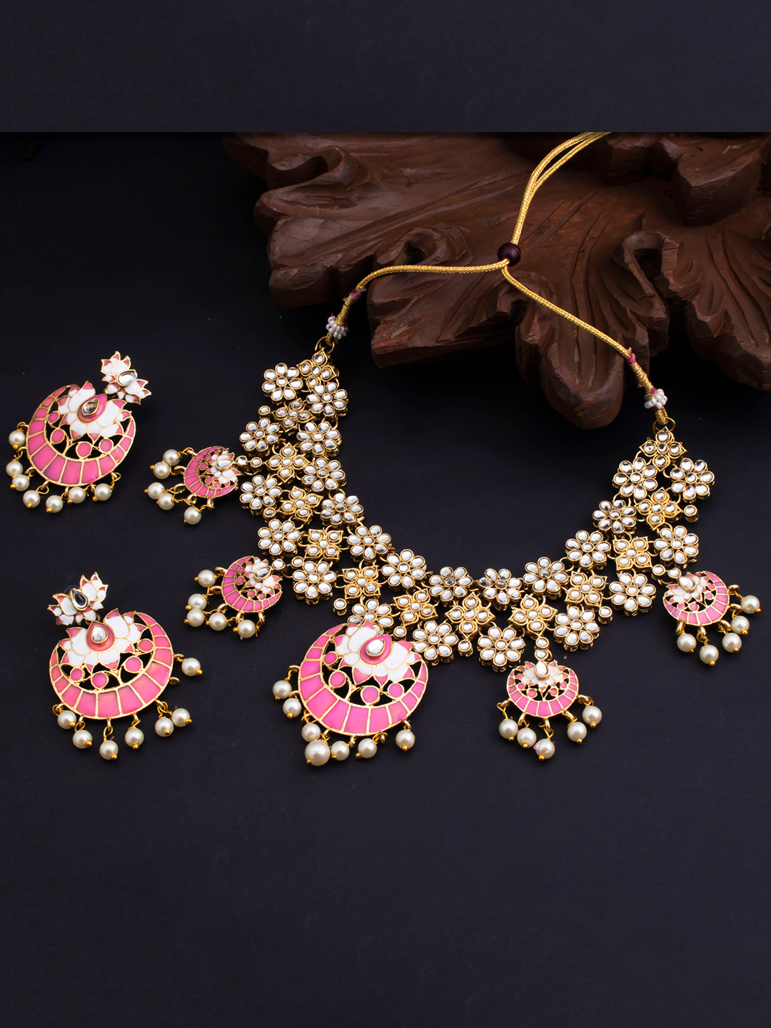 Sukkhi Gold-Plated Pink & White Kundan-Studded Lotus Meenakari Choker Jewellery Set