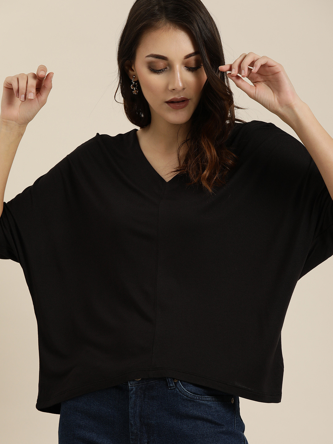 all about you Women Black Solid V-Neck Boxy Fit T-shirt