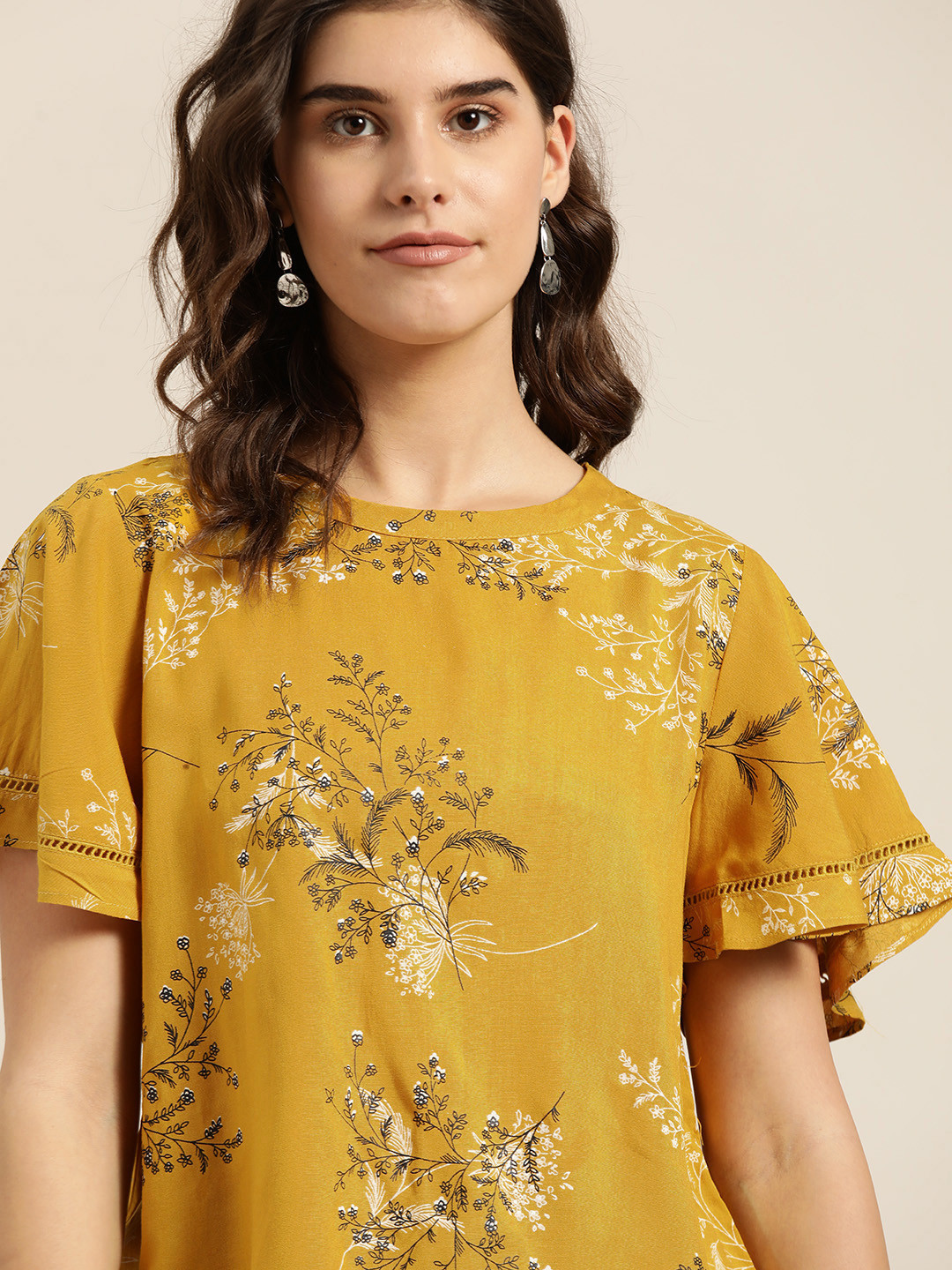 all about you Mustard Yellow Floral Print Top With Flared Sleeves
