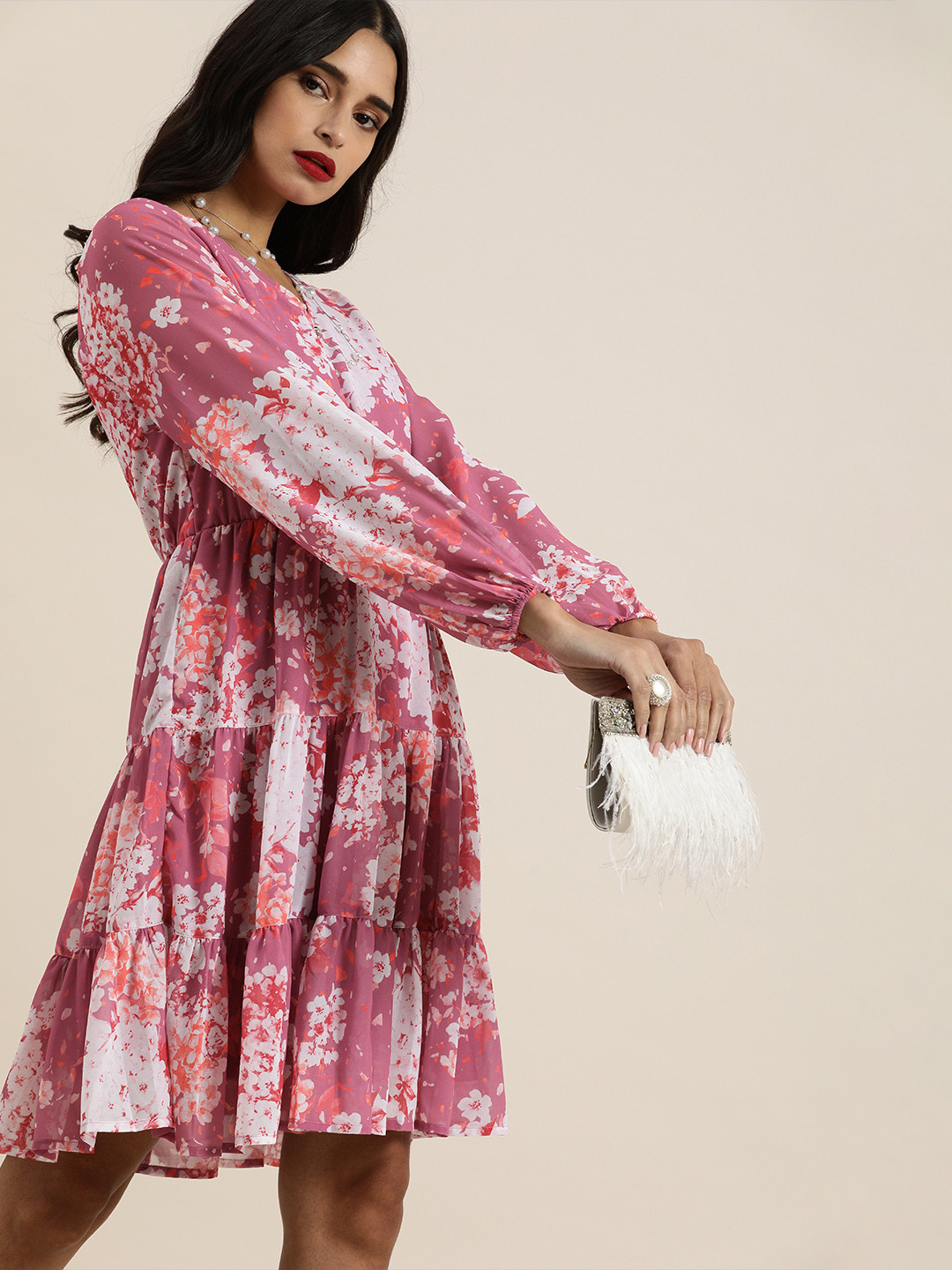 all about you Women Pink Printed Fit and Flare Tiered Dress