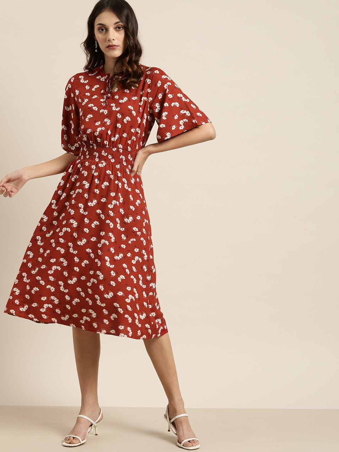 all about you Rust Red & White Floral Printed Smocked Detailing Fit and Flare Dress