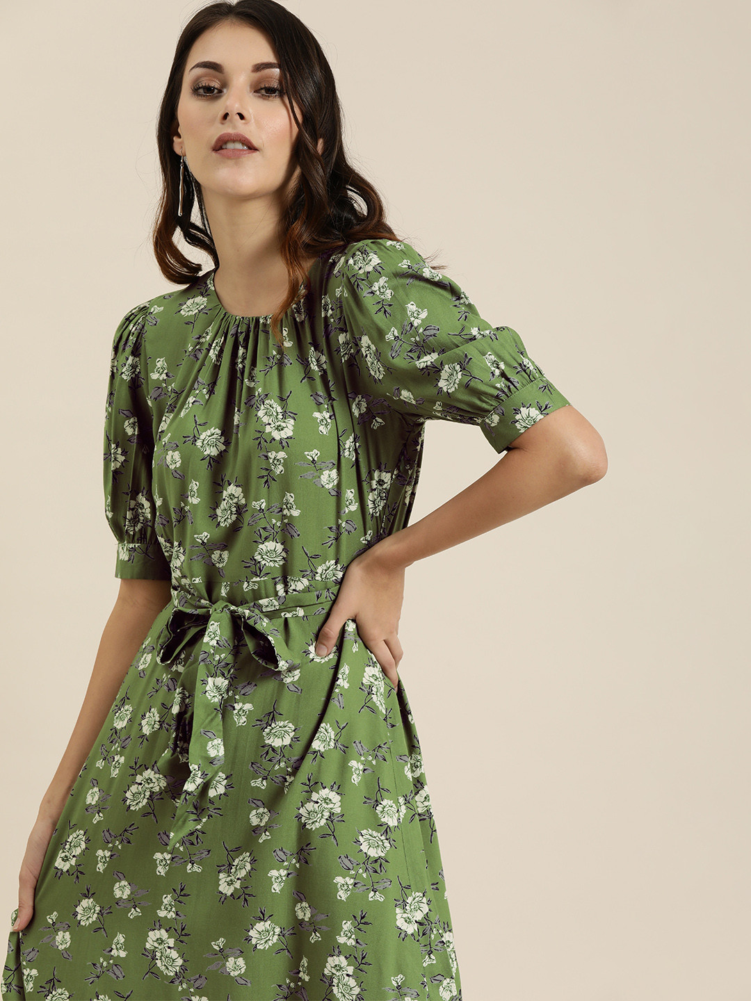 all about you Women Olive Green Printed Fit and Flare Dress