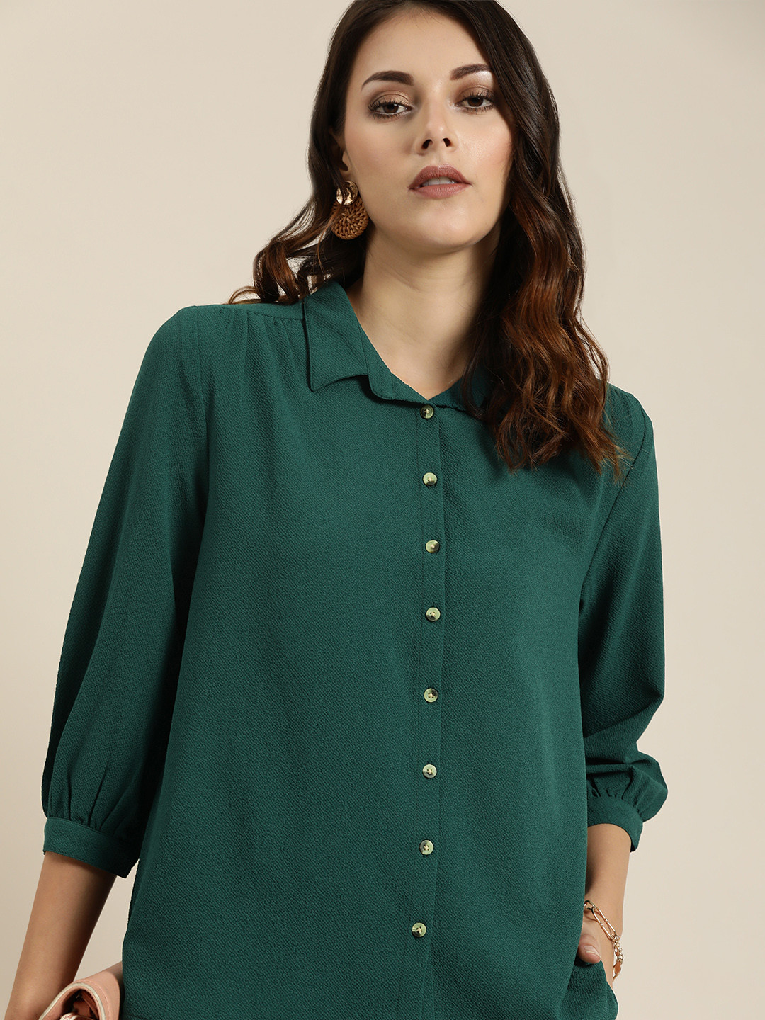 all about you Women Green Regular Fit Solid Casual Shirt