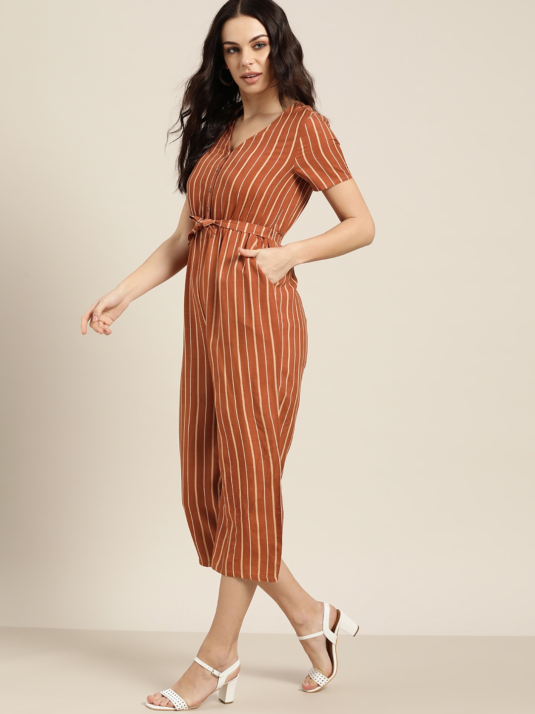 Buy All About You Women Brown & Beige Striped Cropped Jumpsuit With Belt -  Jumpsuit for Women 13205274