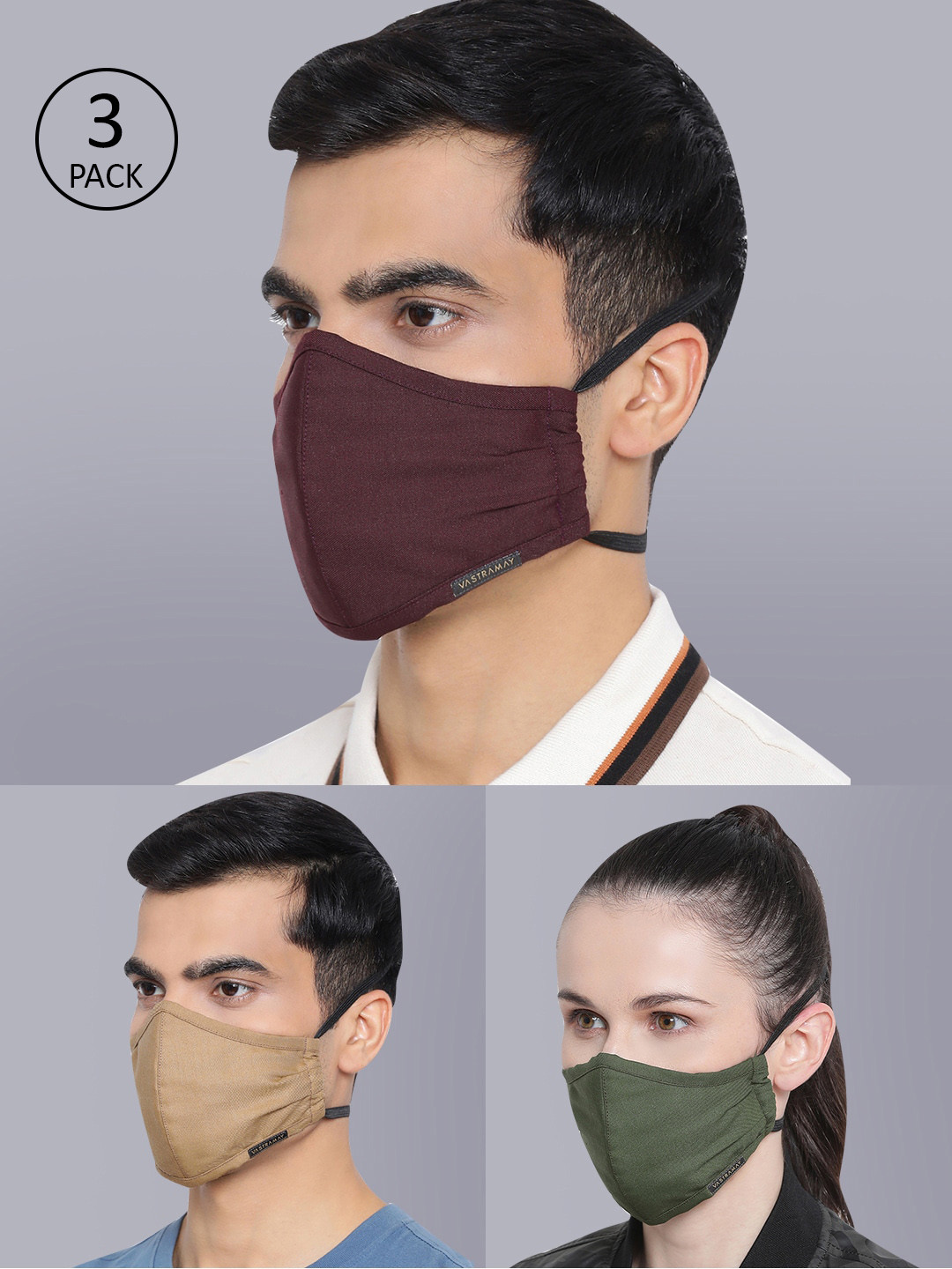 VASTRAMAY Unisex Pack Of 3 Solid 3-Ply Adjustable Face Masks