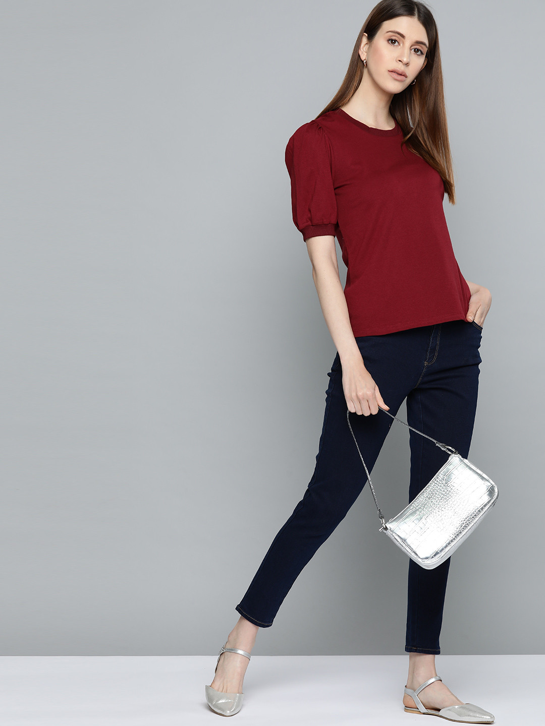 Chemistry Maroon Puff Sleeves  Cotton Regular Top