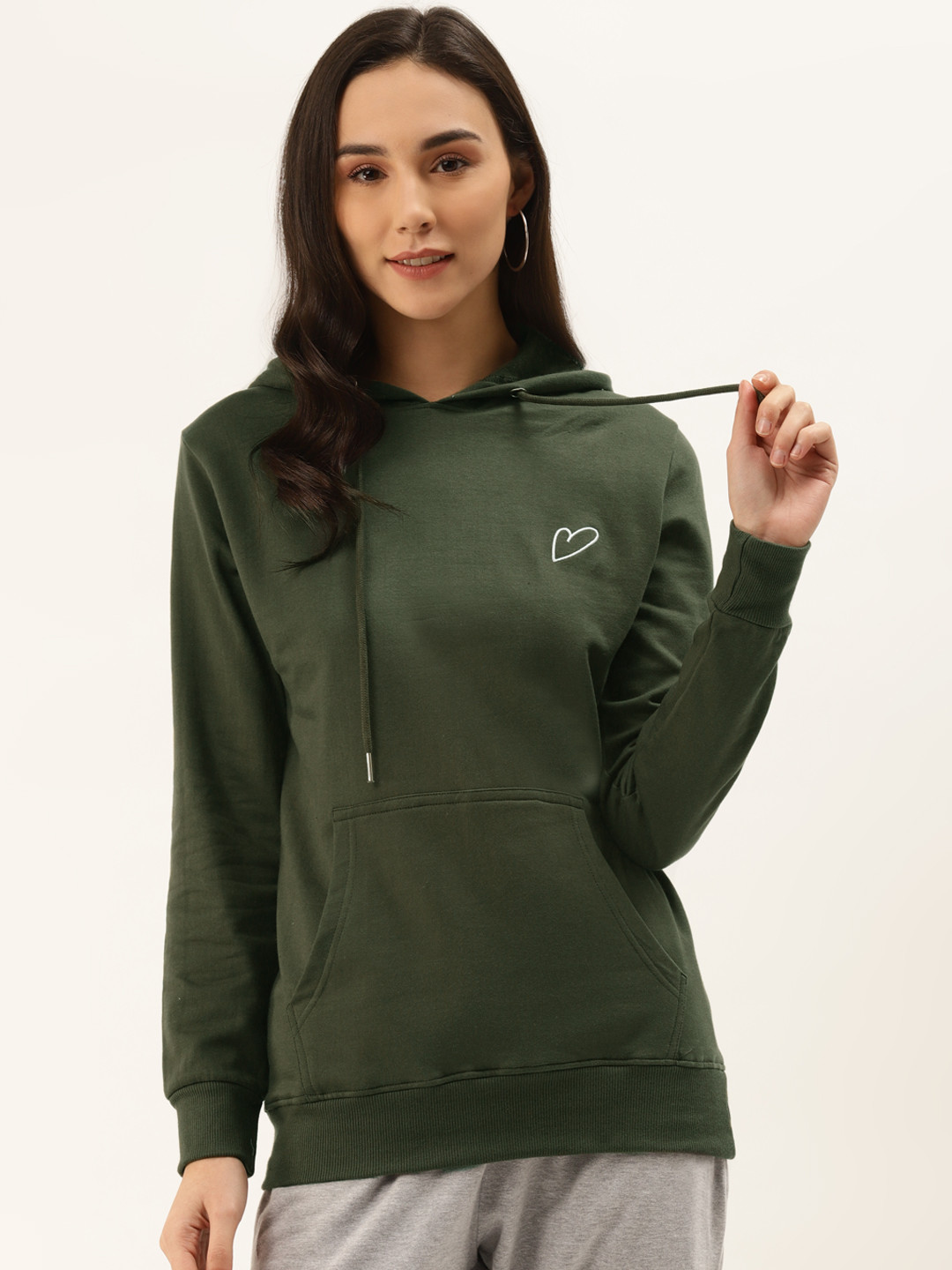 ETC Women Olive Green Solid Hooded Sweatshirt