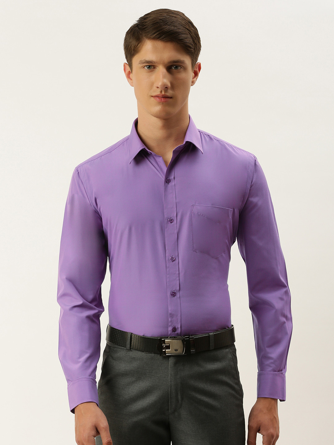 English Navy Men Purple Slim Fit Solid Formal Shirt