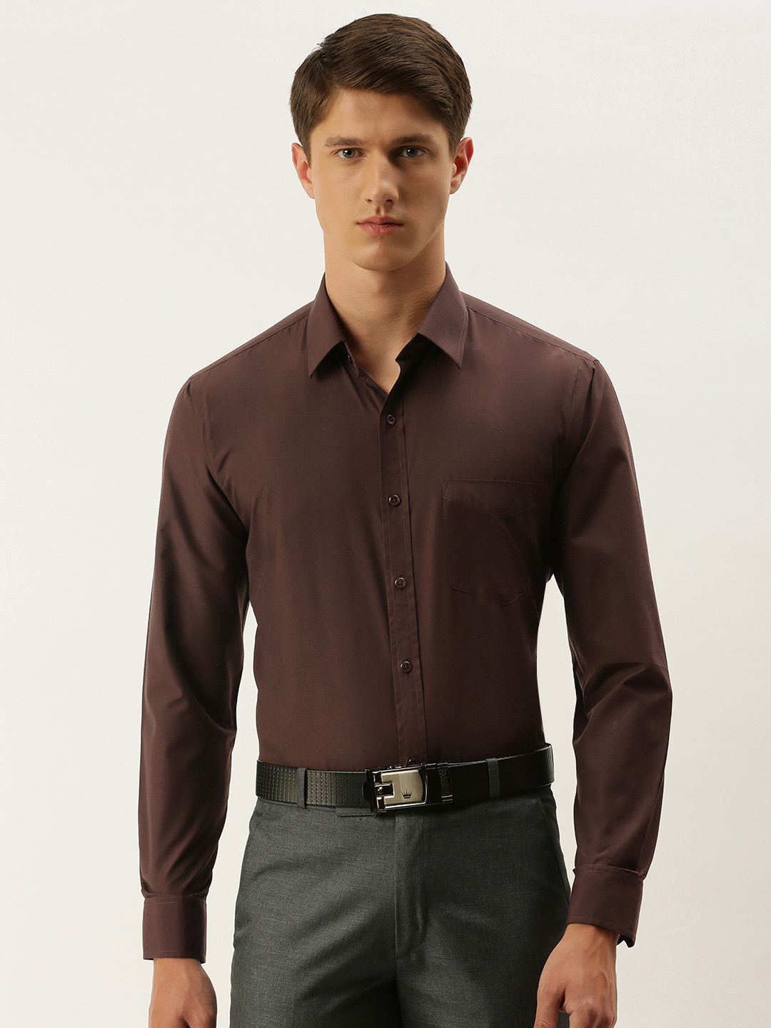 English Navy Men Brown Slim Fit Solid Formal Shirt