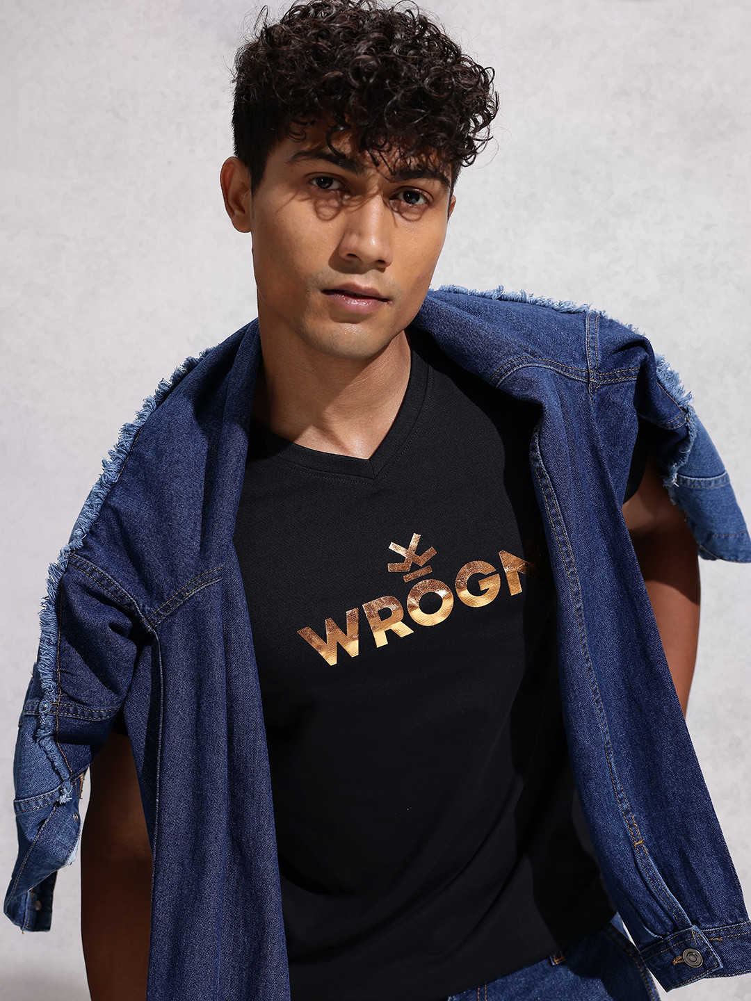 WROGN Brand Logo Printed V-Neck Pure Cotton Slim Fit T-shirt