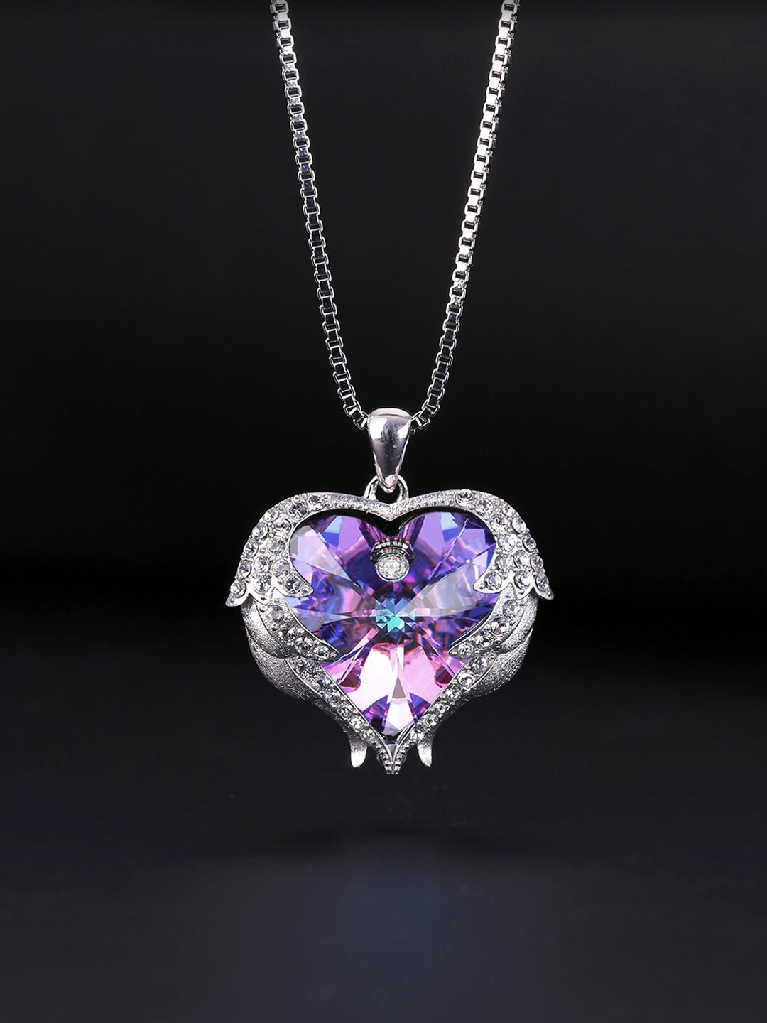 Yellow Chimes Women Rhoduim-Plated Purple Swarovski Heart-Shaped Pendant