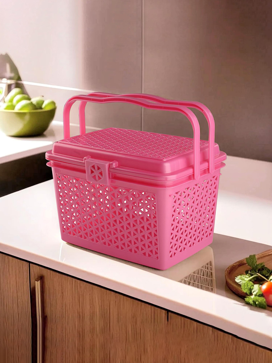 Kuber Industries Pink Plastic Multipurpose Shopping Large Basket with Lid