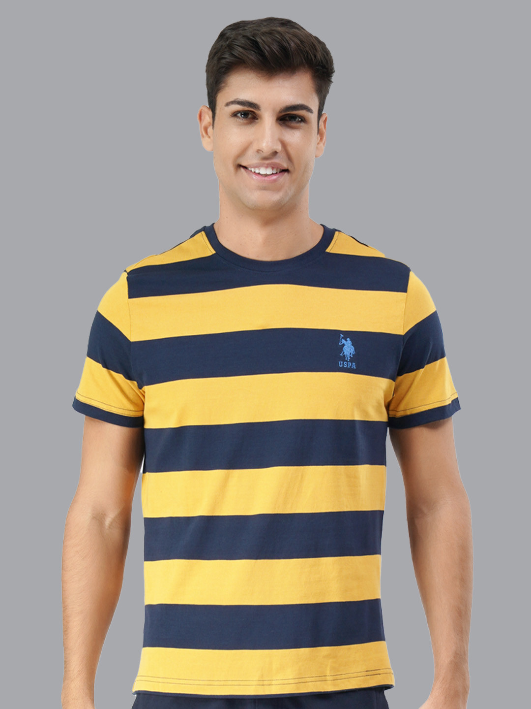 U.S. POLO ASSN. MEN NAVY BLUE & ORANGE STRIPED BRAND LOGO EMBROIDERED PURE COTTON T-SHIRT