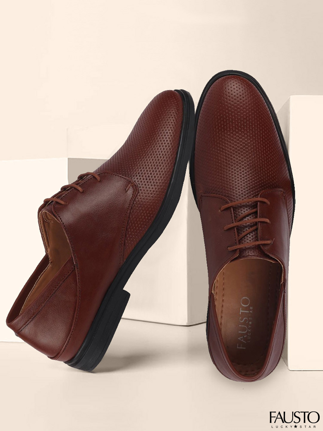 FAUSTO Men's Brown/Tan Formal Leather Derby Shoes