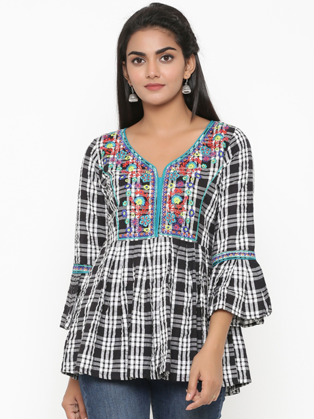 RANGMAYEE Women's White & Black Checked Tunic