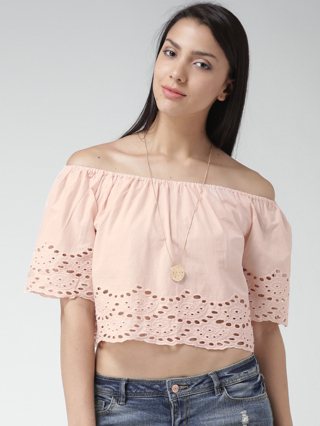Buy FOREVER 21 Peach-Coloured Embroidered Off-Shoulder Crop Top