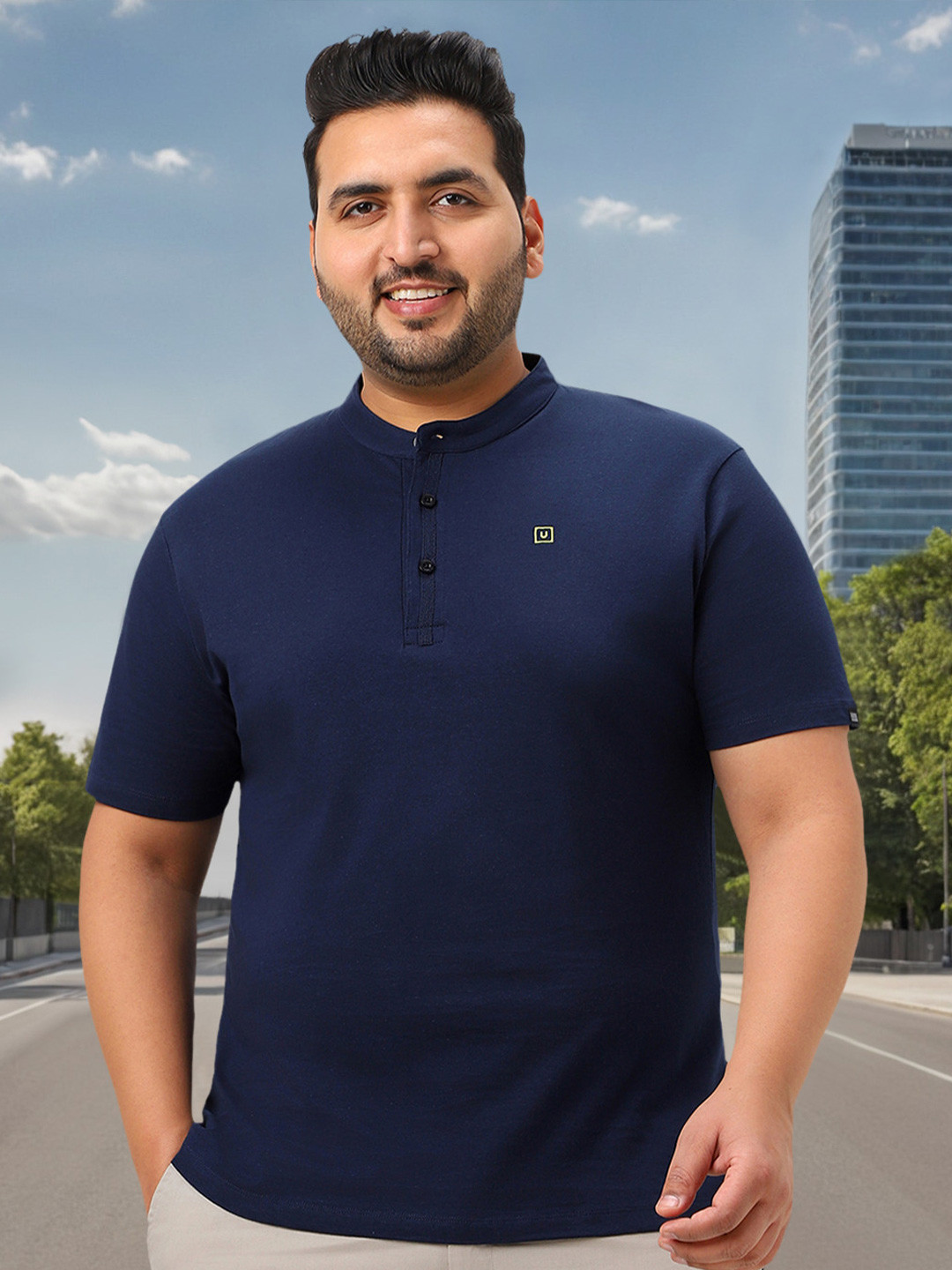 Urbano Plus Men Blue Solid Mandarin Collar Bio Wash Pure Cotton T-shirt