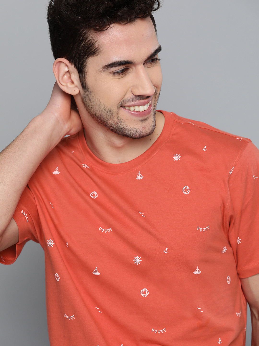 Mast & Harbour Men Orange Geometric Printed Pure Cotton T-shirt