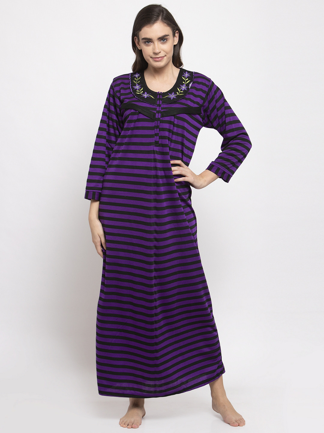 Secret Wish Women Purple & Black Striped Woollen Maternity Nightdress