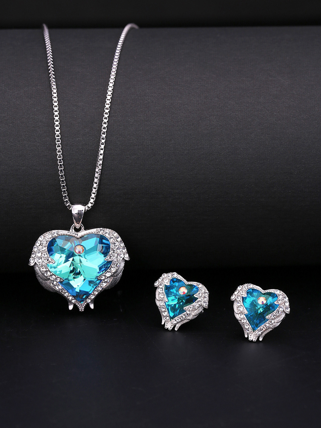 Yellow Chimes Rhodium-Plated Blue Swarovski Crystal-Studded Jewellery Set